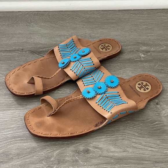 Tory Burch Caylan Toe Ring Sandal - Aqua/Tan - Picture 2 of 5